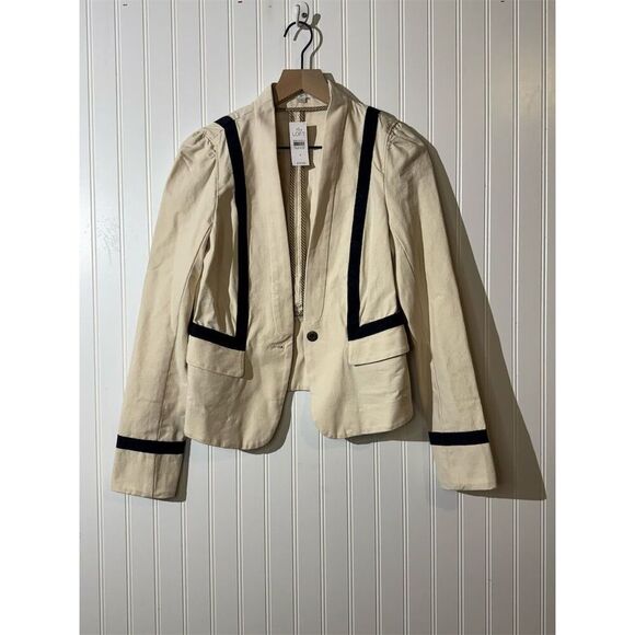 LOFT Structured Cream Blazer Jacket 4 Black Trim Preppy Nautical NWT - Picture 2 of 9